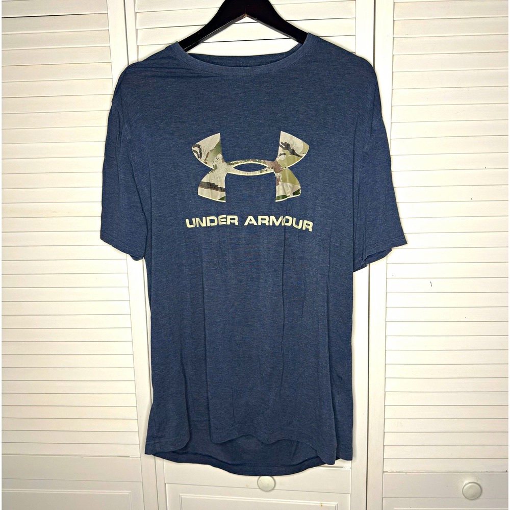 Under Armour Men's L/XL HeatGear Loose Fit Camo Logo Navy Athletic T-Shirt
